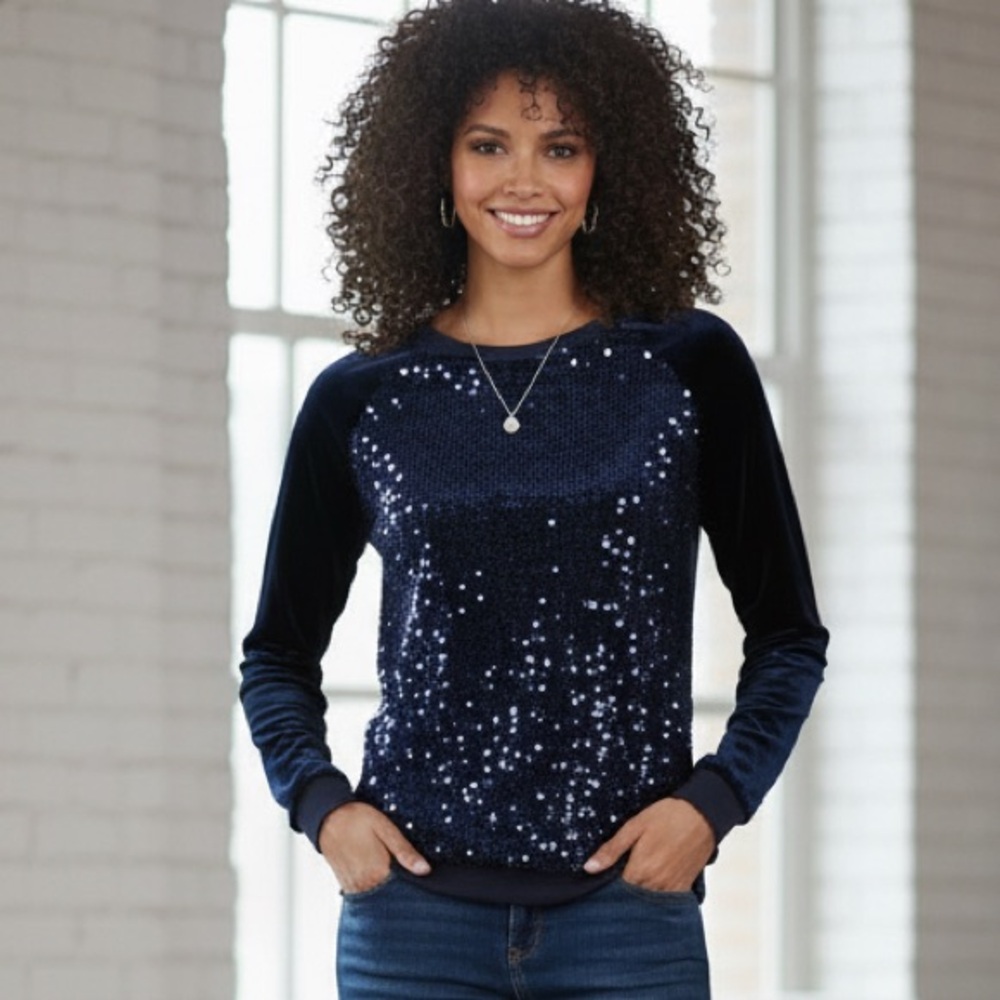 TOMMY HILFIGER VELVET SEQUIN BLUE/NAVY PULL OVER SWEATER ROUND NECK